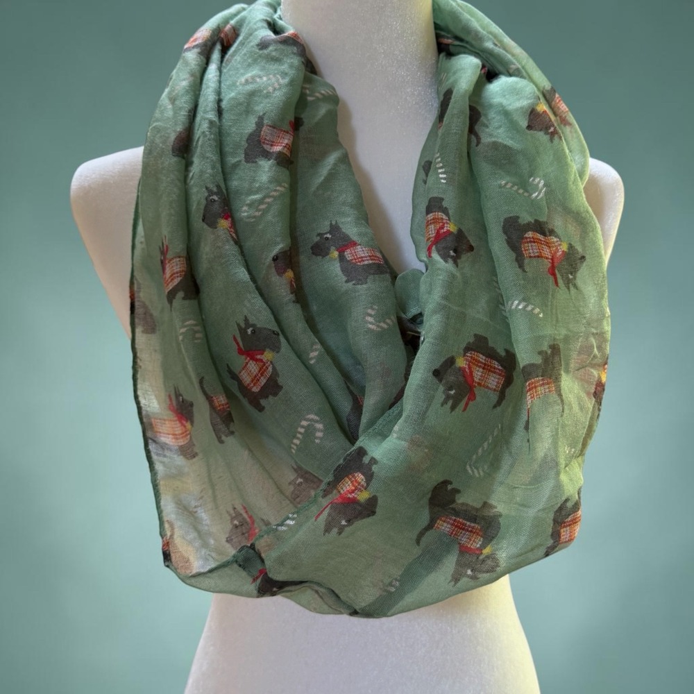 Vintage Scottie Dog Plaid Coat Christmas Green Infinity Scarf Sheer Holiday